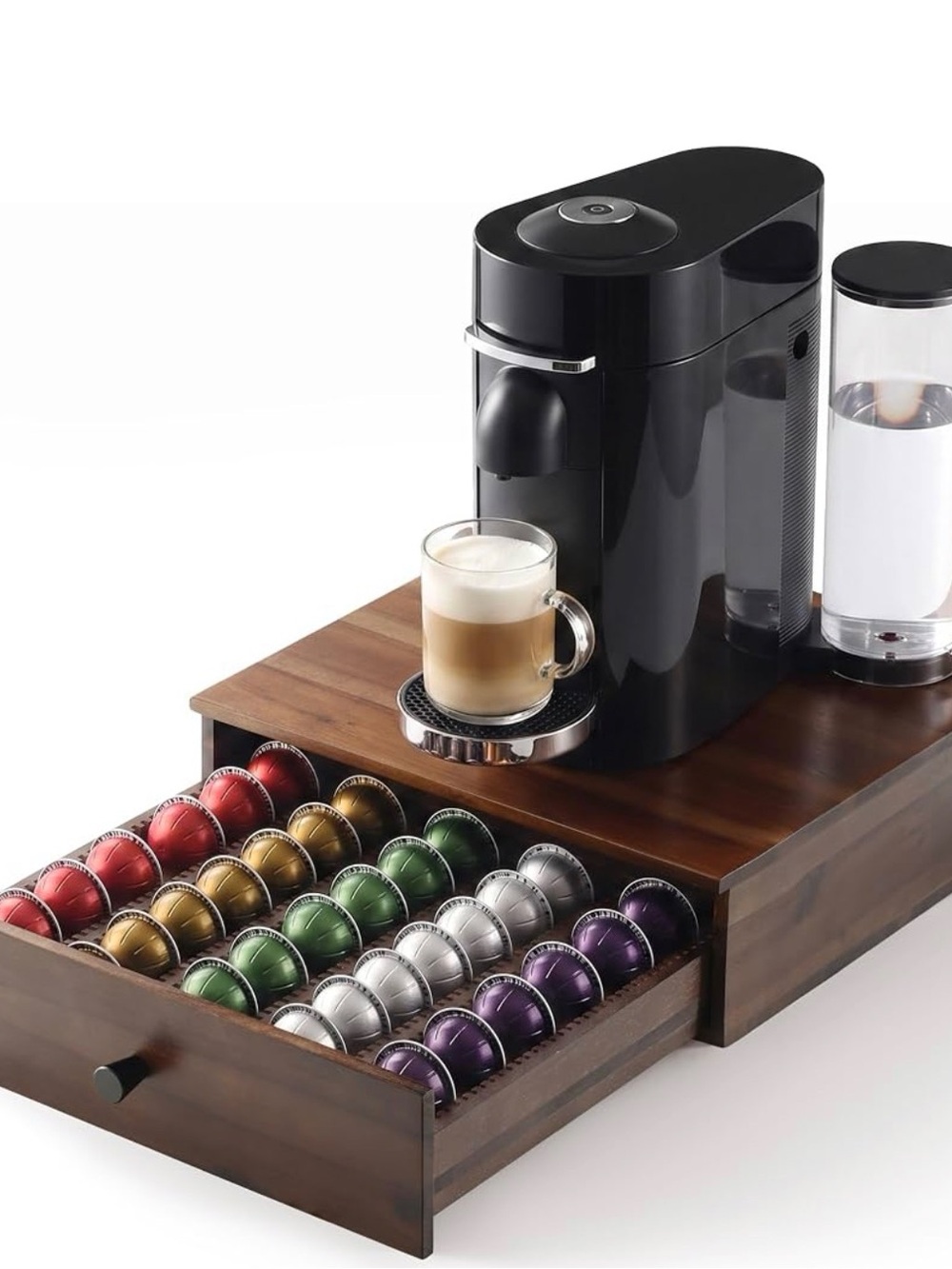 Black Single-Serve Espresso Machine with Wooden Capsule Drawer Organizer
